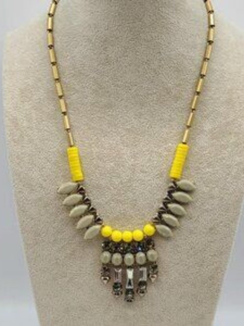 J Crew Yellow Gray Acrylic Bead Necklace with Clear Crystals Gold Links